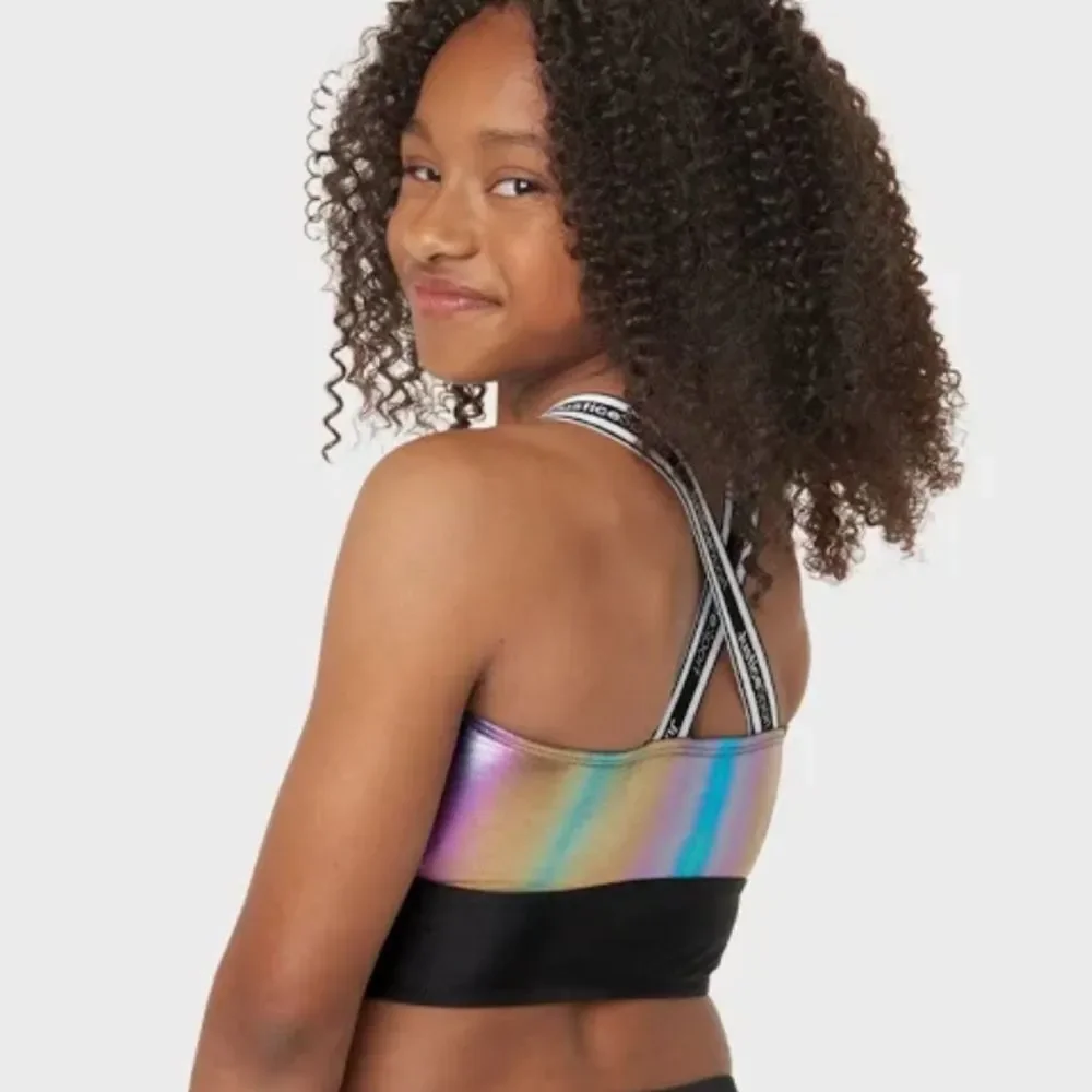 Justice Sport Girls Black Shimmery Takini Swim Top Bikini Size S 7/8 Sports Bra